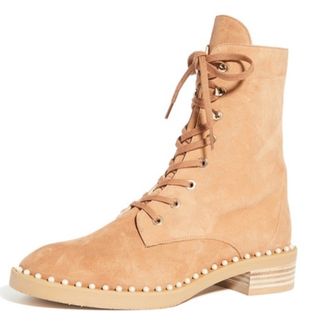 Stuart Weitzman Tan Sondra Pearl Suede Combat Boots